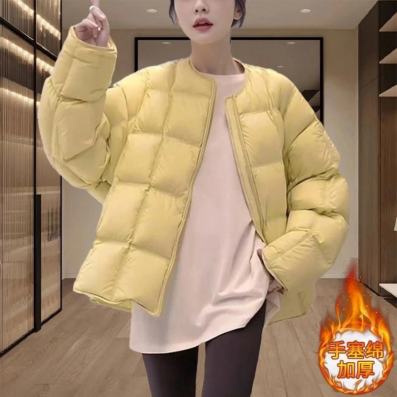 韩版时尚纯色圆领甜美保暖宽松长袖棉服女2024冬季新款面包服78