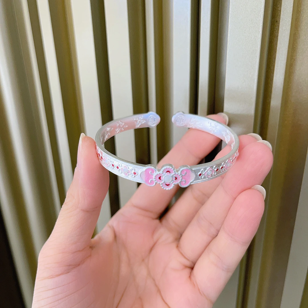 足银手镯 足银999新中式挽风吟粉色珐琅如意纯银正品时尚精美手镯
