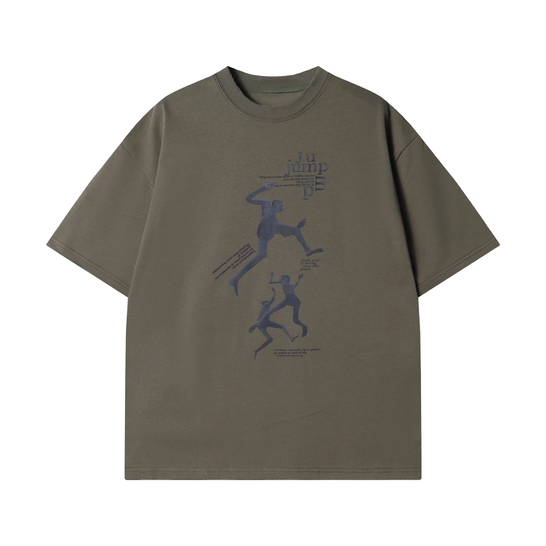 春夏新款时尚个性重磅纯色印花T恤美式复古小众设计感半袖上衣