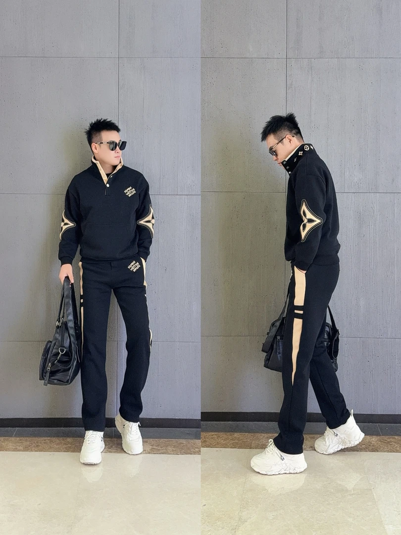 2025秋冬季新款男士休闲套装时尚百搭刺绣立领抗皱韩版休闲直筒裤