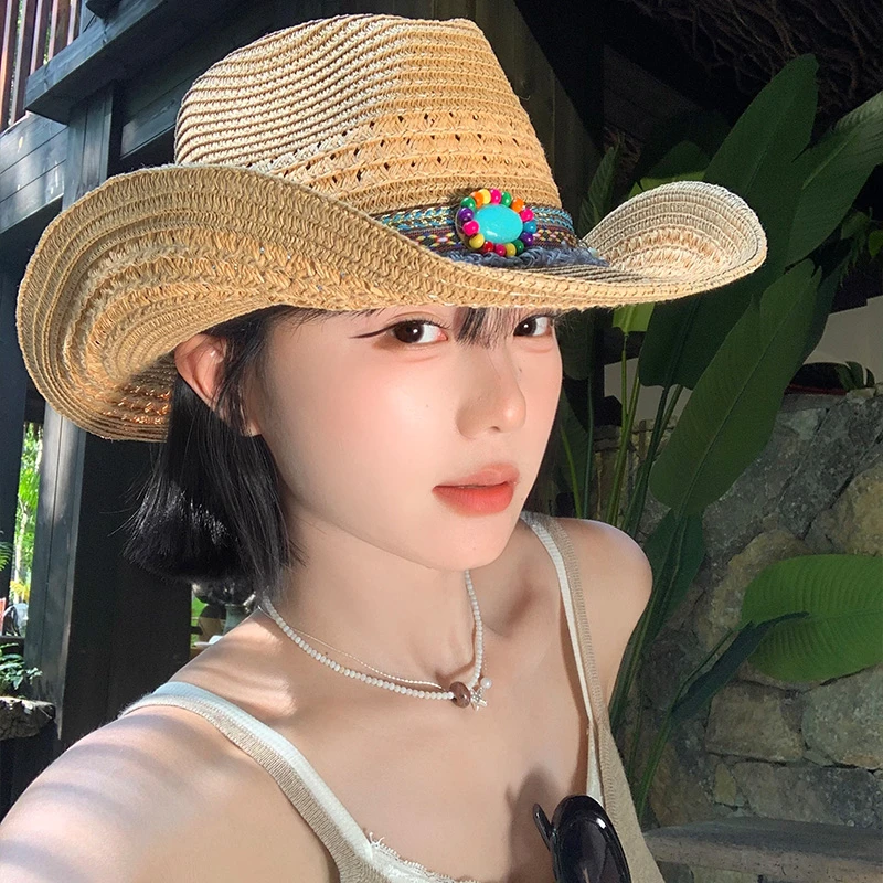 民族风西部牛仔草帽女夏沙滩海边度假出游遮阳防晒帽子大檐登山帽