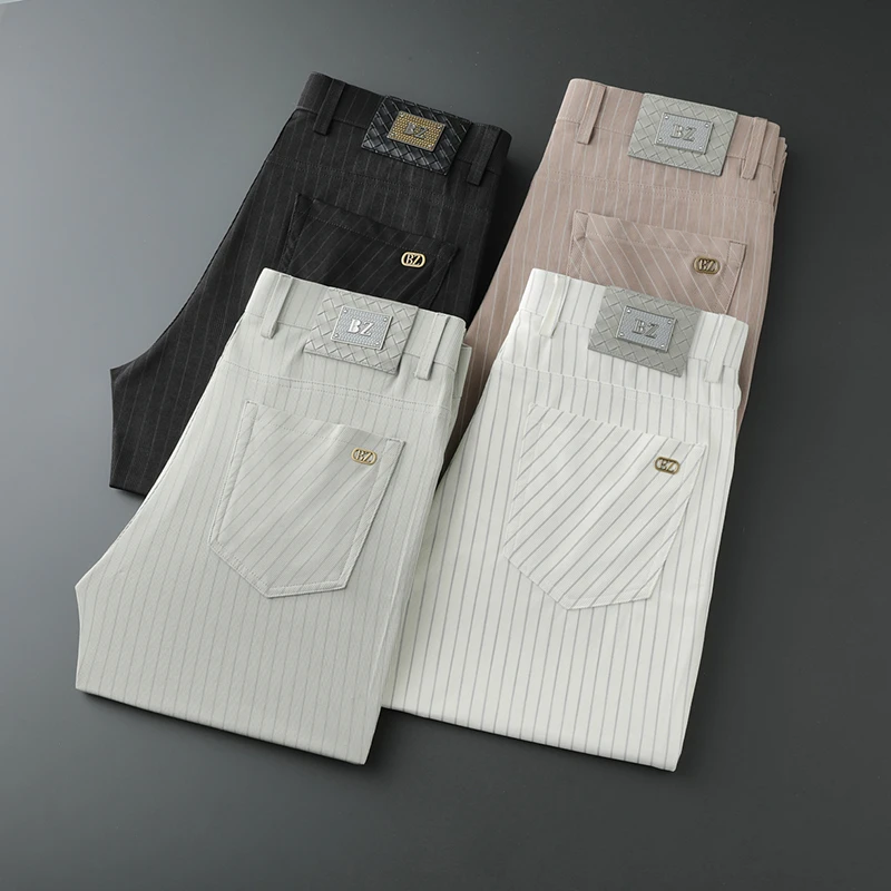 高档男士休闲裤夏季薄款弹力条纹直筒裤轻奢冰丝透气垂感牛仔裤潮