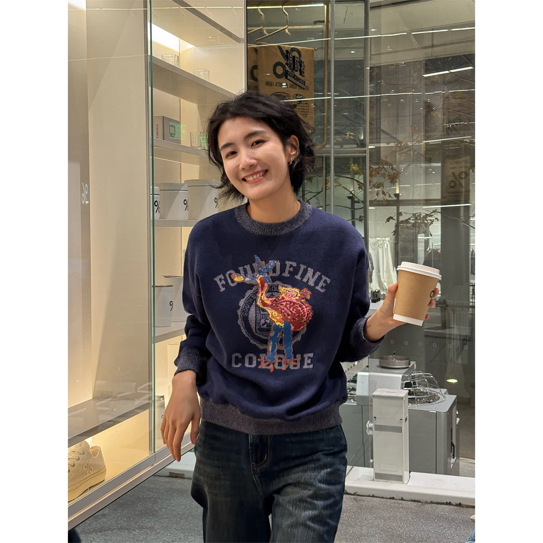 LANGQING 火烈鸟卡通印花圆领纯棉舒适毛衣47497#