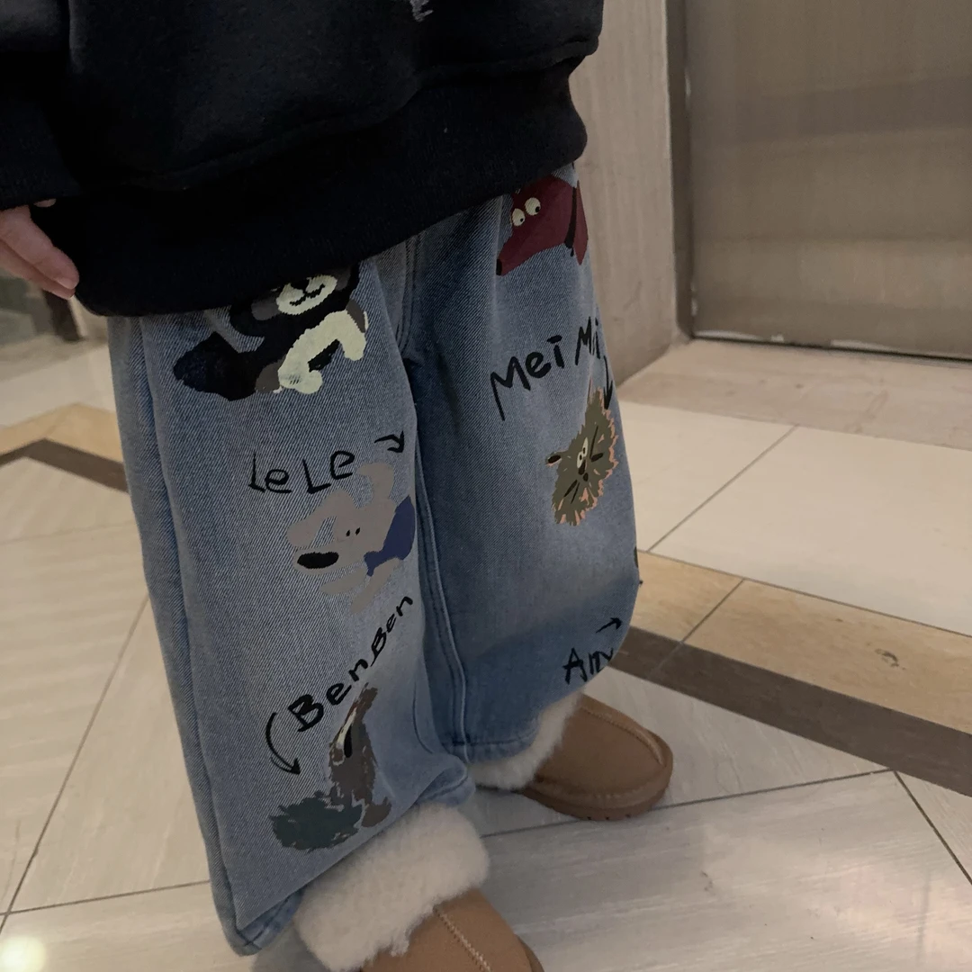 现MZ.儿童冬季新款加绒保暖涂鸦印花百搭软牛仔直筒裤2150