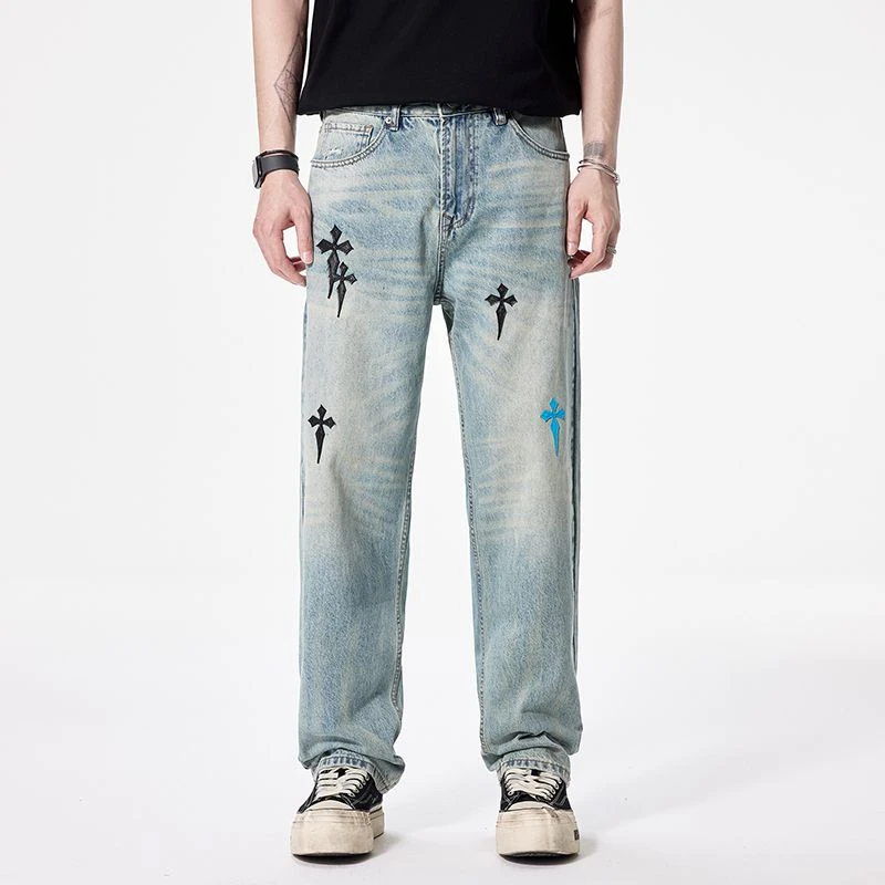 美式复古十字架拼接牛仔裤男款设计感潮牌高街高级感宽松直筒长裤