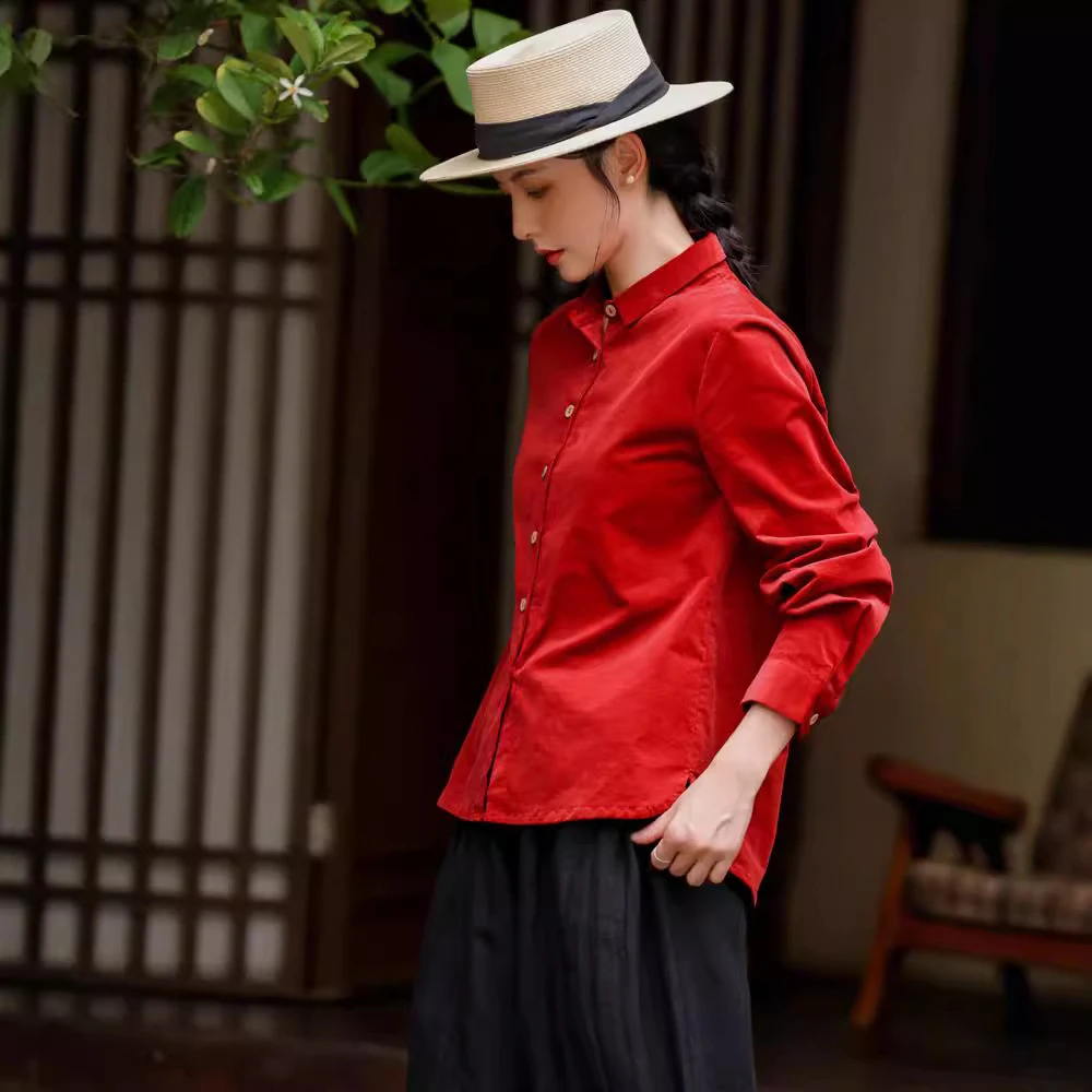 灯芯绒衬衣叠穿衬衫休闲长袖红色宽松气质时尚百搭衬衫上衣古风