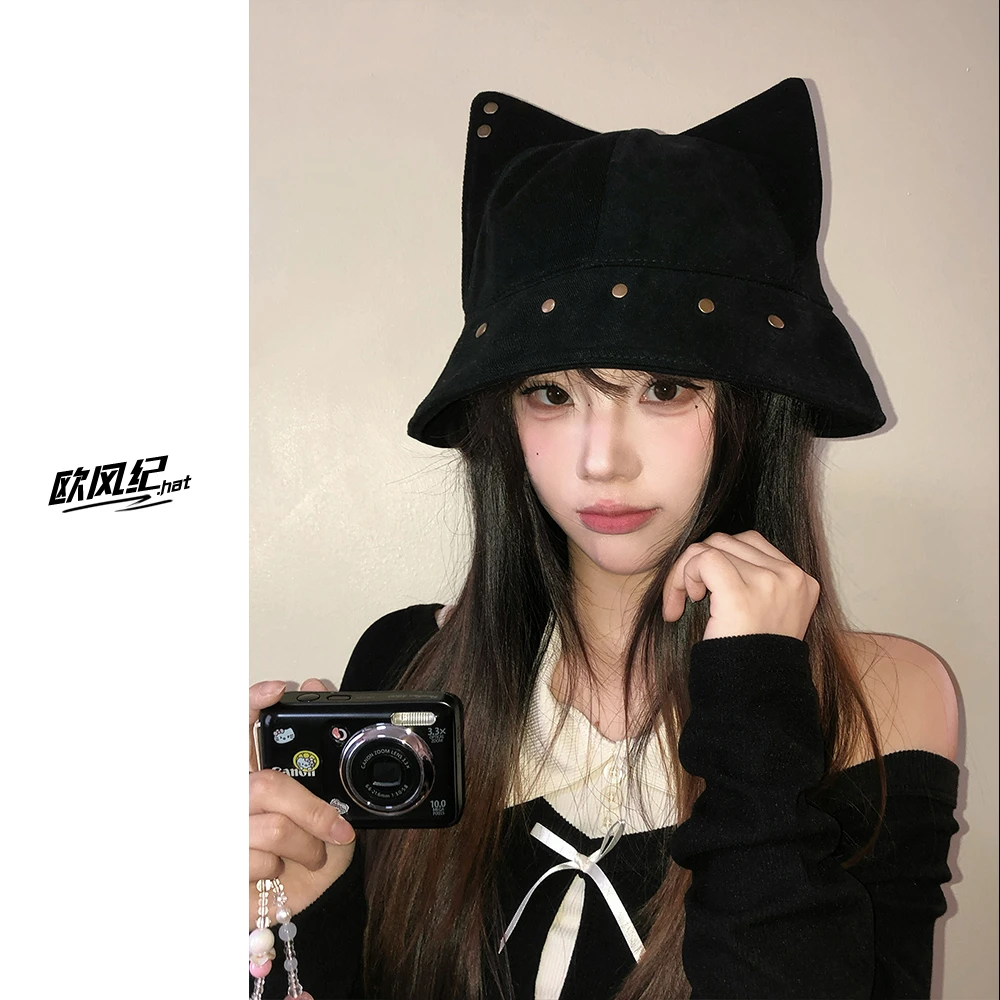 可爱立体猫耳朵铆钉渔夫帽女日系百搭大头围显脸小水桶帽子盆帽潮