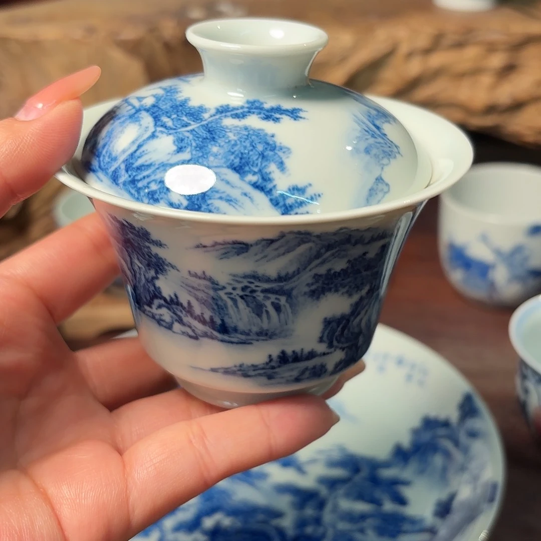 杯素**雪柴窑青花瓷盖碗