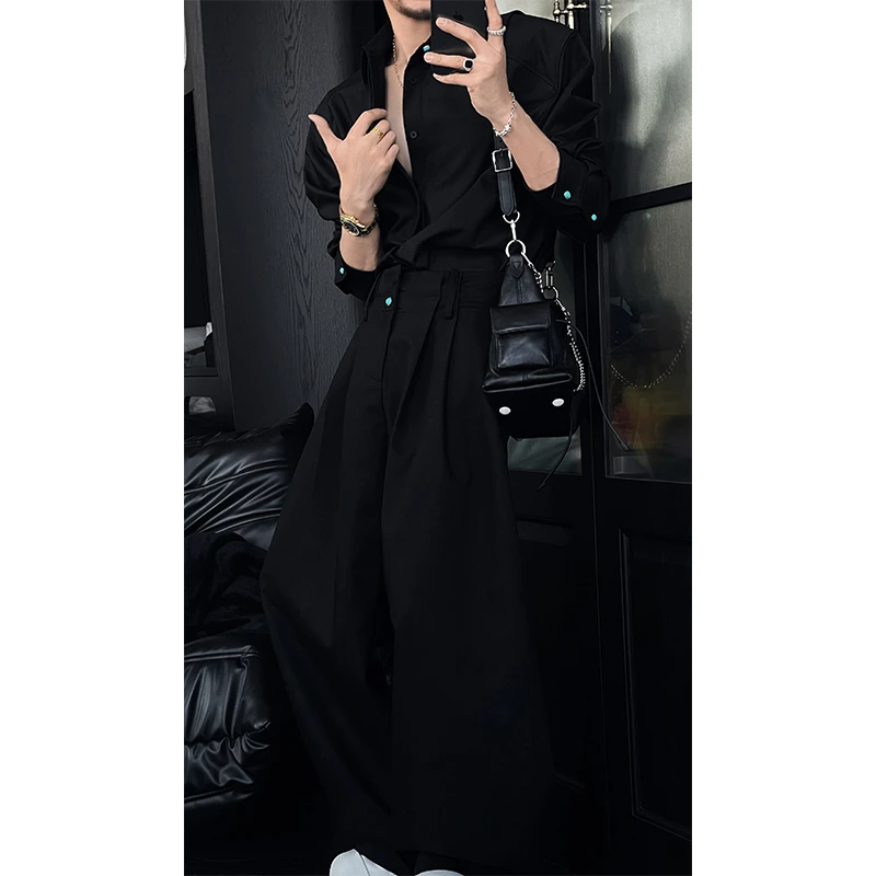 龙叨叨2025春季新品设计款高级感简约衬衫套装休闲百搭衬衣长裤男