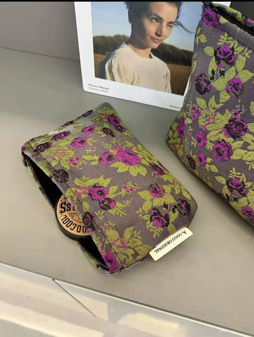 H255 花朵化妆包便携式护肤品收纳包帆长方形.灰底玫红花