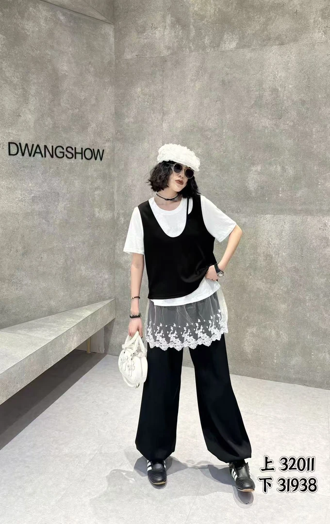 32011韩系甜美短袖T恤女2025夏季新款减龄小衫别致背心叠穿两件套