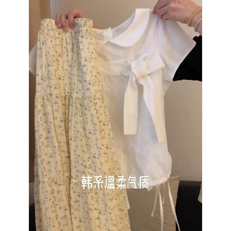可盐可甜~有范~韩系文艺娃娃领短袖衬衫碎花半身裙套装女两件套潮