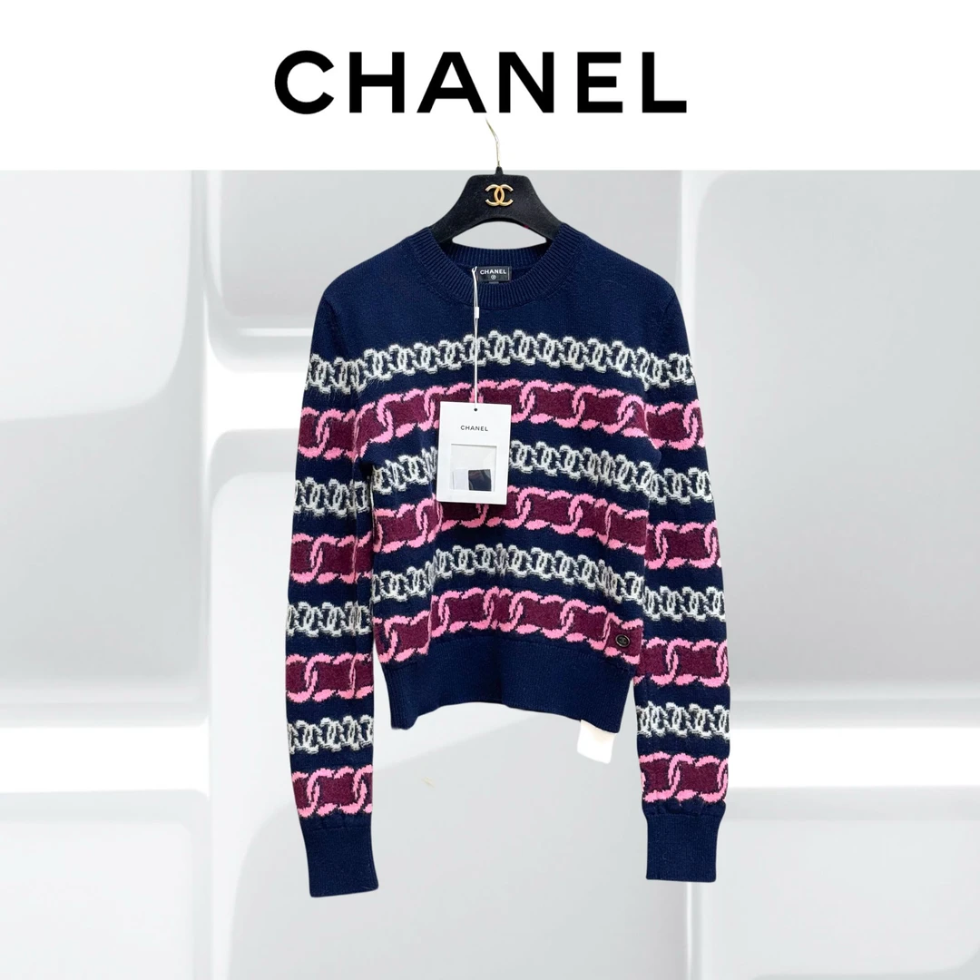 99新 Chanel/香奈儿 34码23B双C条纹logo藏蓝色羊绒圆领针织上衣