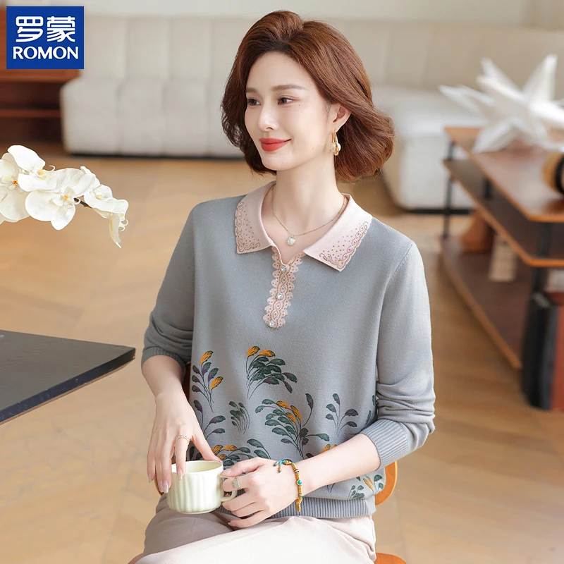 罗蒙时尚中式秋季妈妈装中年印花翻领上衣中老年女长袖春秋款上衣