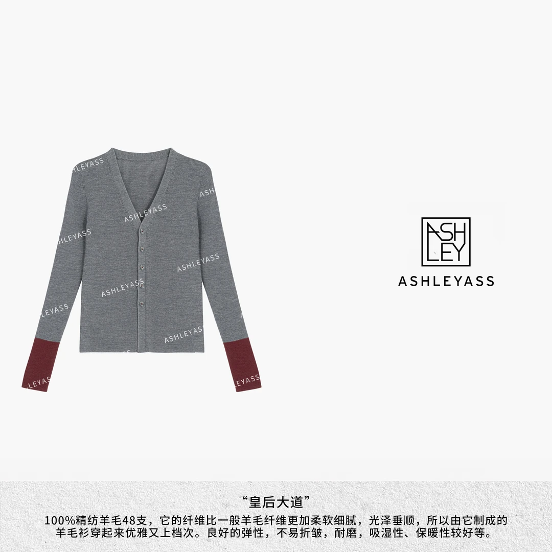 【ASHLEYASS】“拼接袖”16针坑条编织纱线v领开襟撞色设计LSS241211C