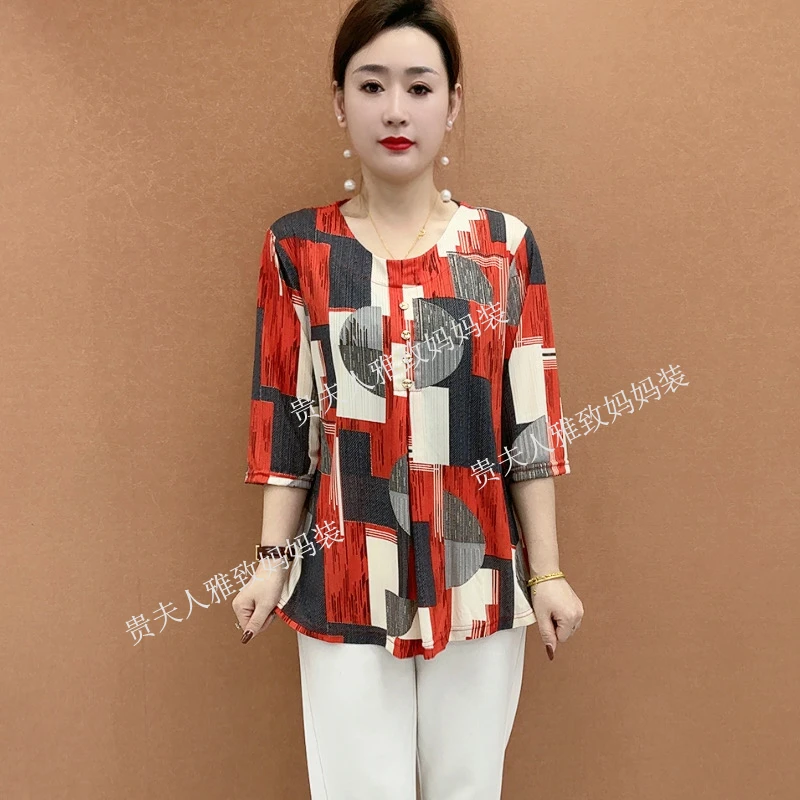 新款大码女装妈妈装宽松七分袖上衣夏季中袖半袖加肥加大短袖夏装