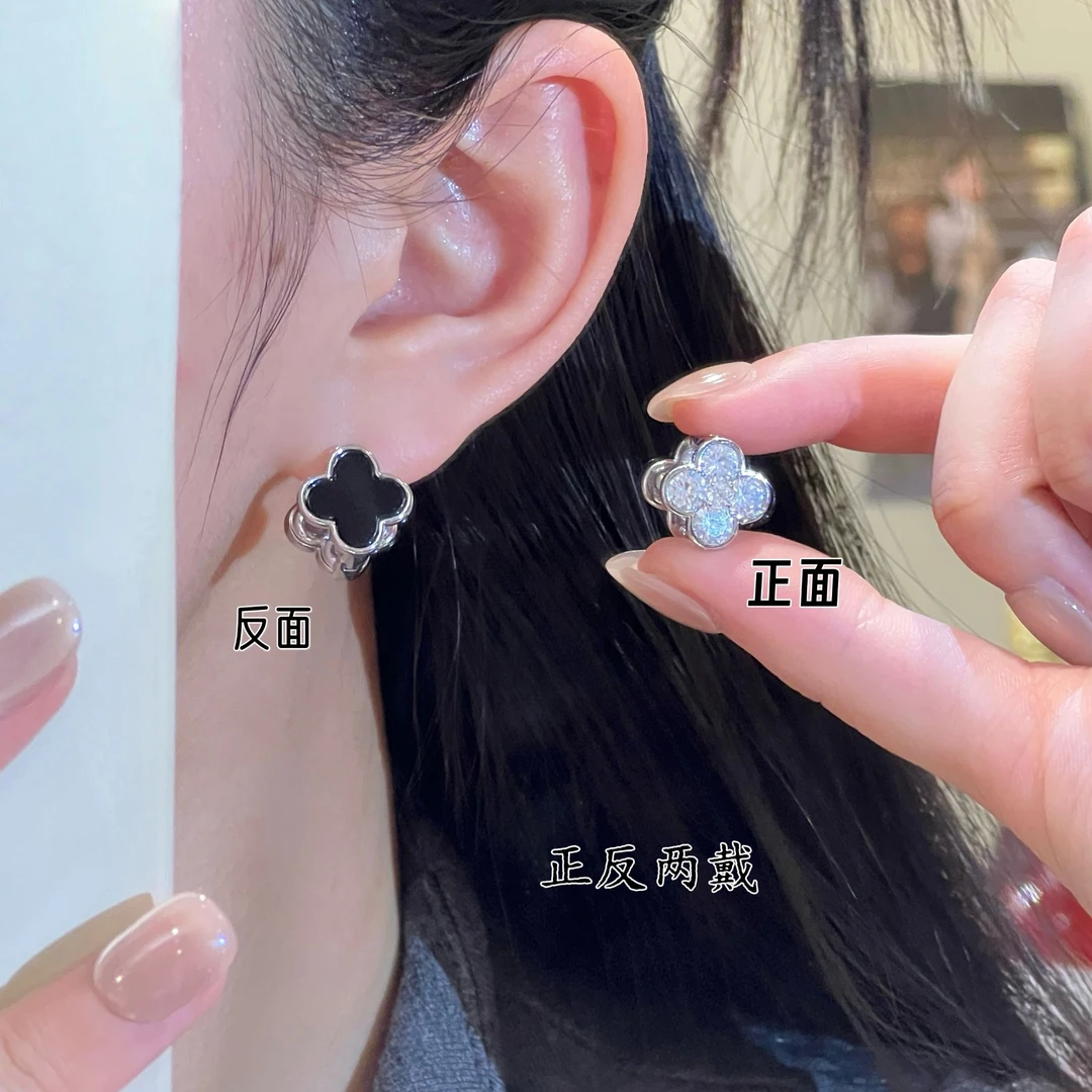 铜合金锆石耳饰 精致锆石四叶草AB两戴双耳环时尚日常百搭耳扣
