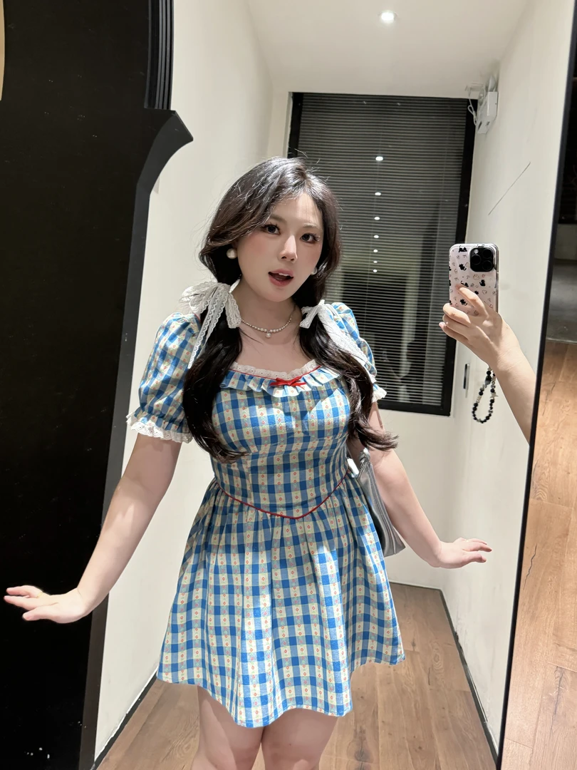 【大小姐】“第四纪情书”法式甜美森系碎花田园格纹泡泡袖短款连衣裙