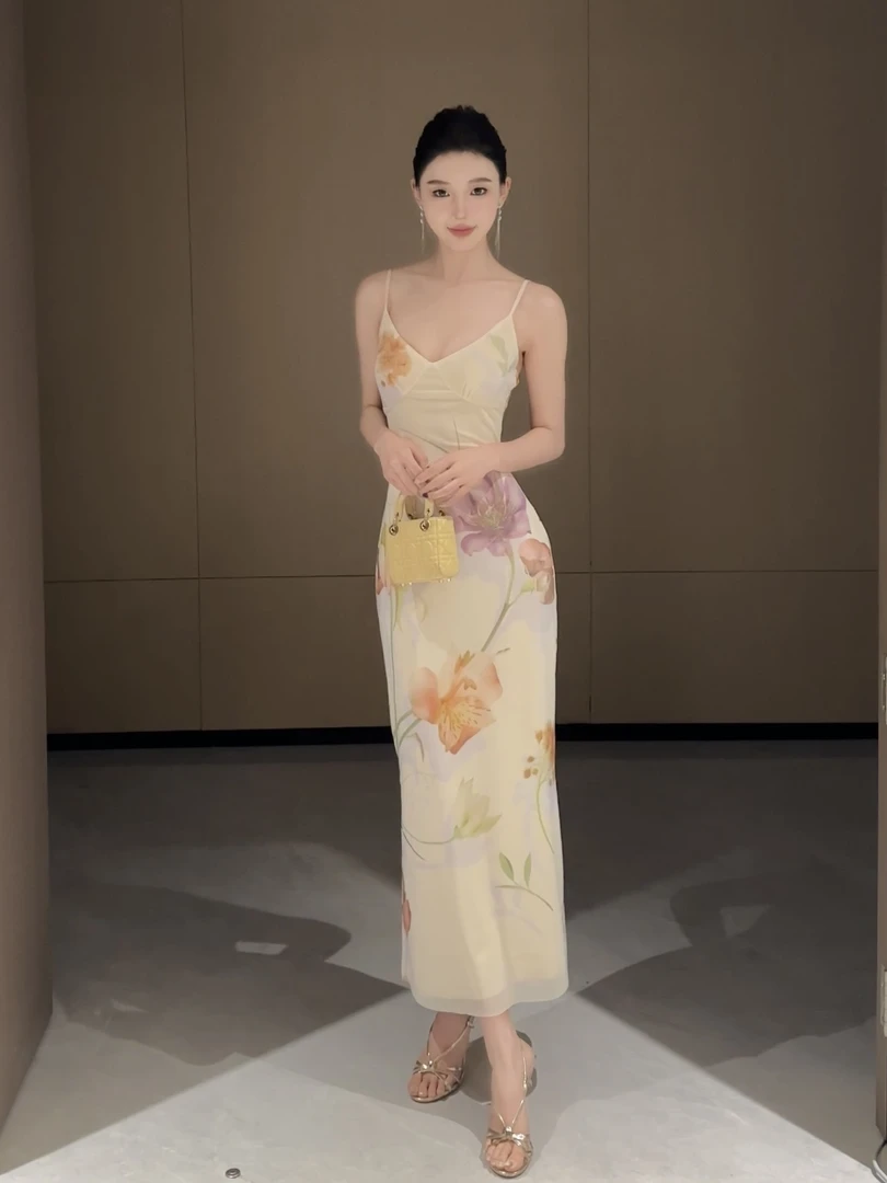 现货【春日部】法式优雅V领荷花印花连衣裙0910