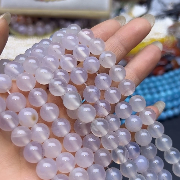 玛瑙/玉髓未镶嵌珠宝半成品T444  10m天然带飘花白玛瑙圆珠一条