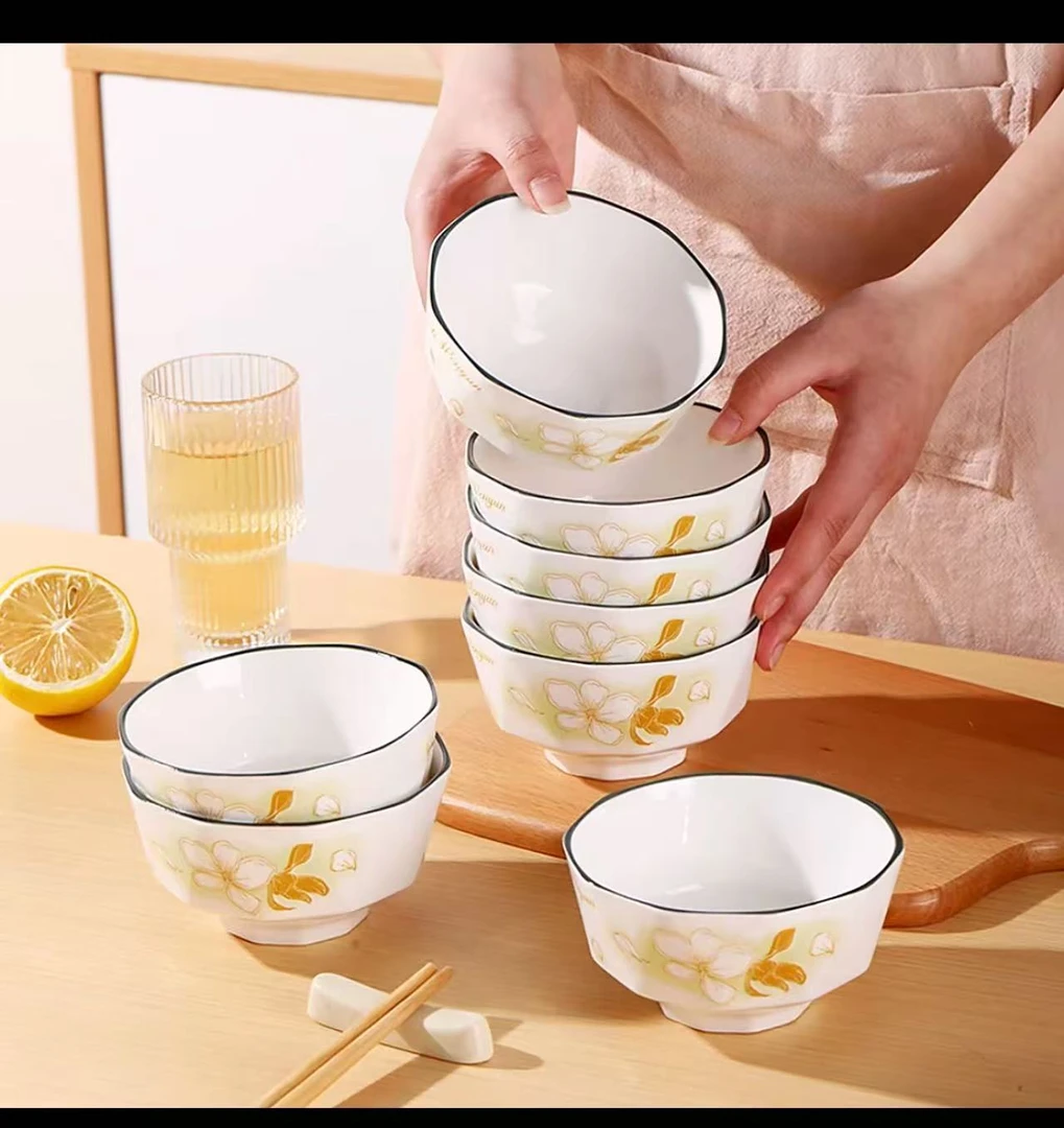 10个黄金叶4.5英寸钻石米饭碗陶瓷家用餐具套装可爱个性吃饭碗