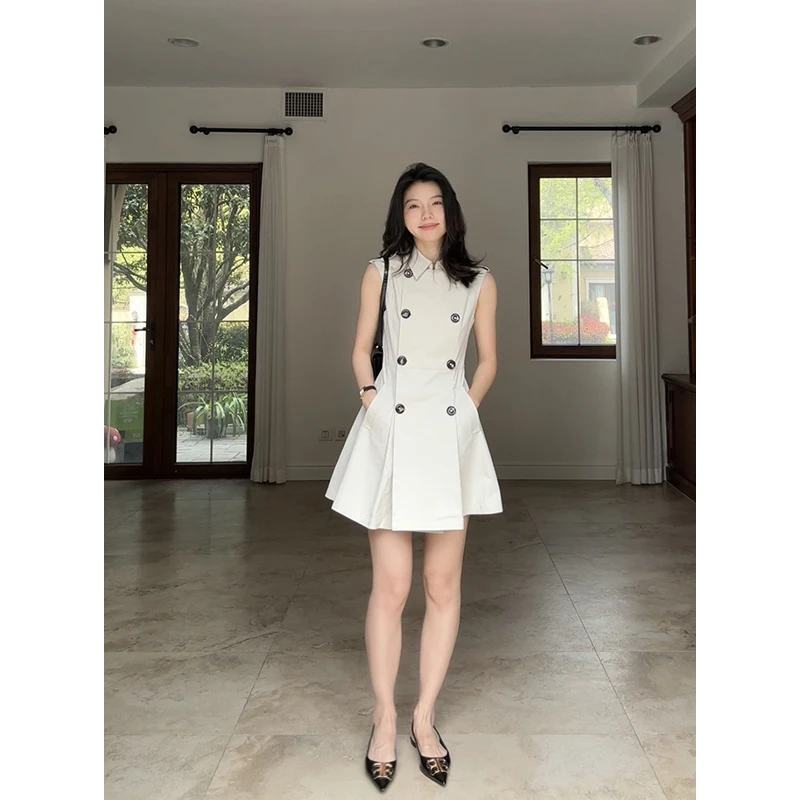 郭九九呢 100%棉气质双排扣肩章收腰显瘦无袖连衣裙 G925Q04471