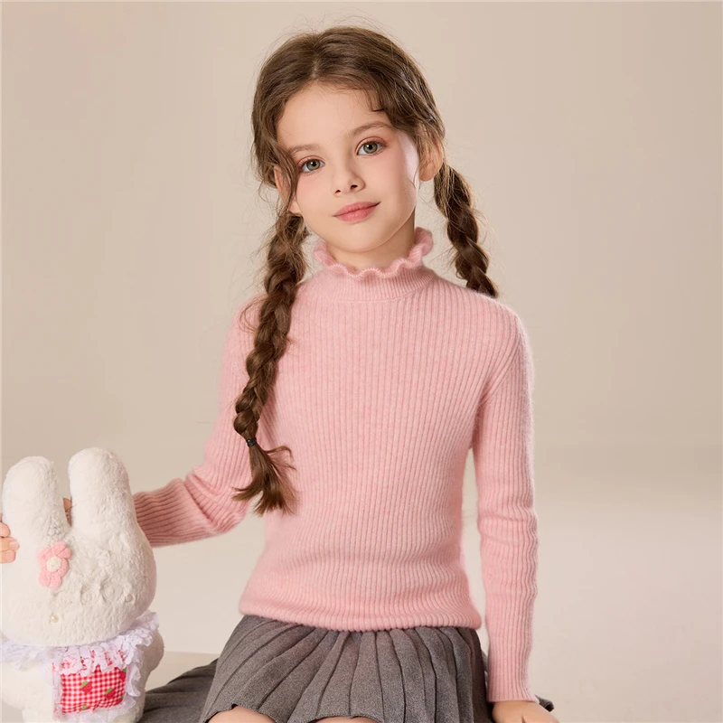 儿童山羊绒衫中大女童秋冬新款木耳领抽条修身款针织打底贴身毛衣