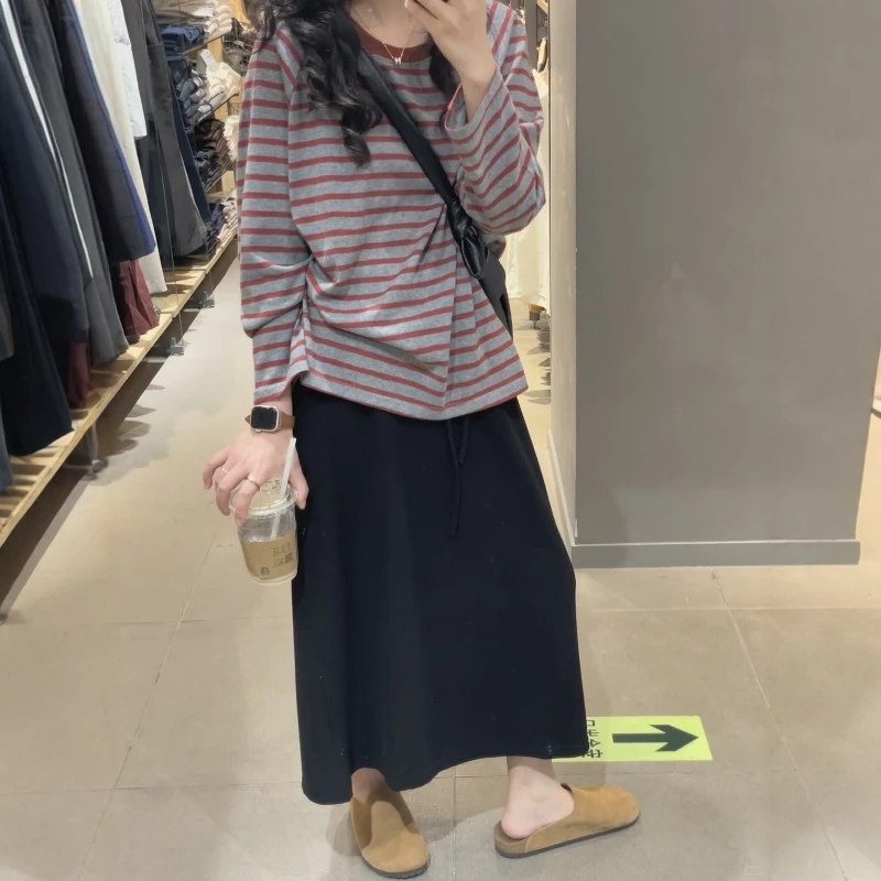 韩系复古撞色设计感条纹长袖T恤女2025秋季新款休闲宽松百搭上衣