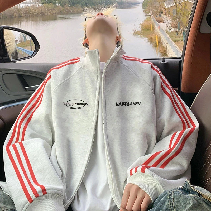 美式潮流设计感字母印花三条杠开衫拉链卫衣休闲秋冬立领情侣外套