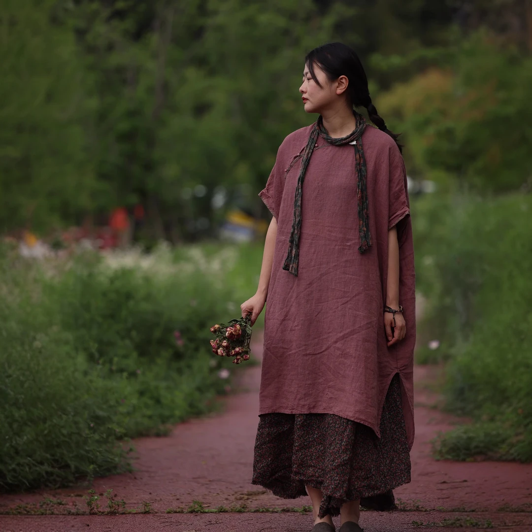 衣路走来复古斜门襟袍子做旧亚麻袍裙 37645