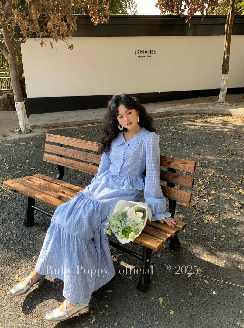 泡面卷儿【海岛日记】法式格子绑带荷叶边衬衫半身裙两件套CA34402