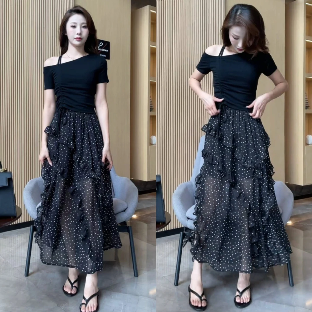 法式高级感荷叶边波点半身裙女夏2025新款度假风高腰显瘦雪纺长裙