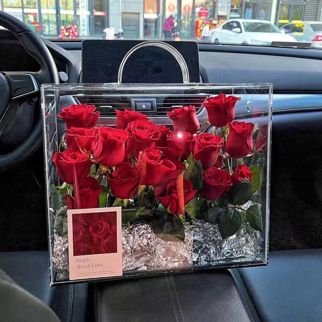 亚克力手提式透明花盒鲜花插花防水加厚手工diy材料盒花艺摆摊