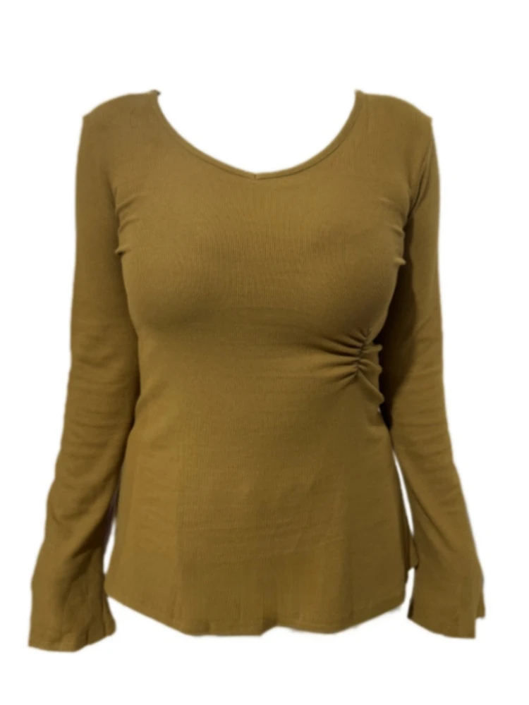 Amy家 微胖mm纯欲风v领掐腰显瘦打底衫女秋冬季设计感中长款上衣