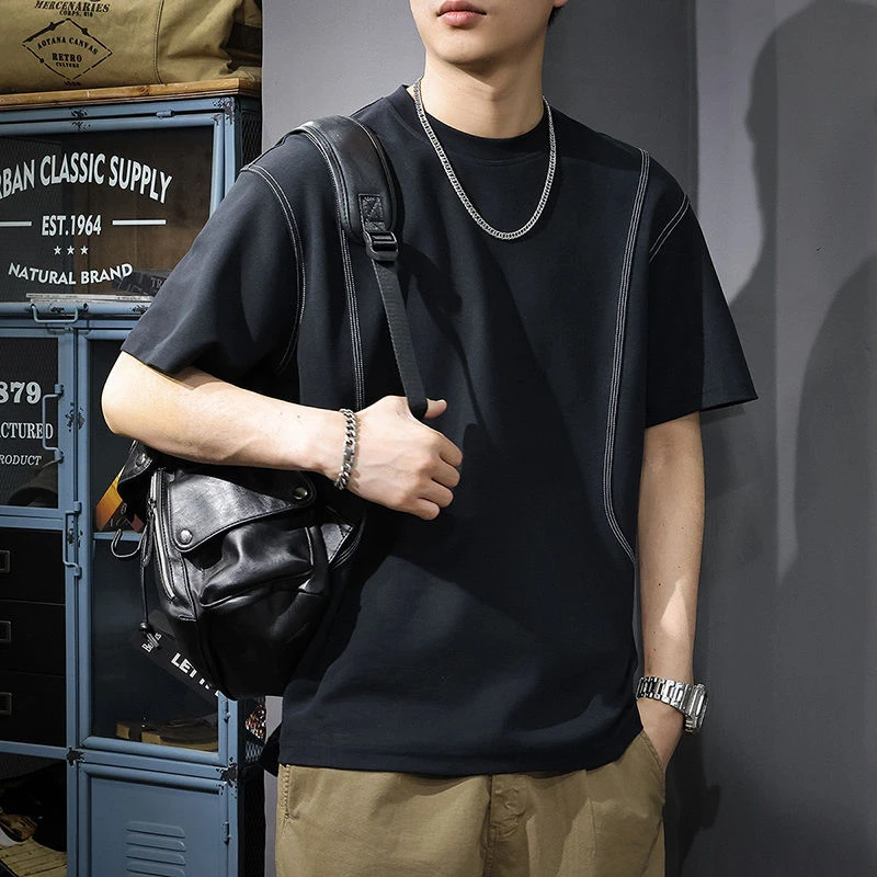 高端辑明线短袖t恤男夏季2025新款潮牌复古宽松圆领拼接半袖体恤
