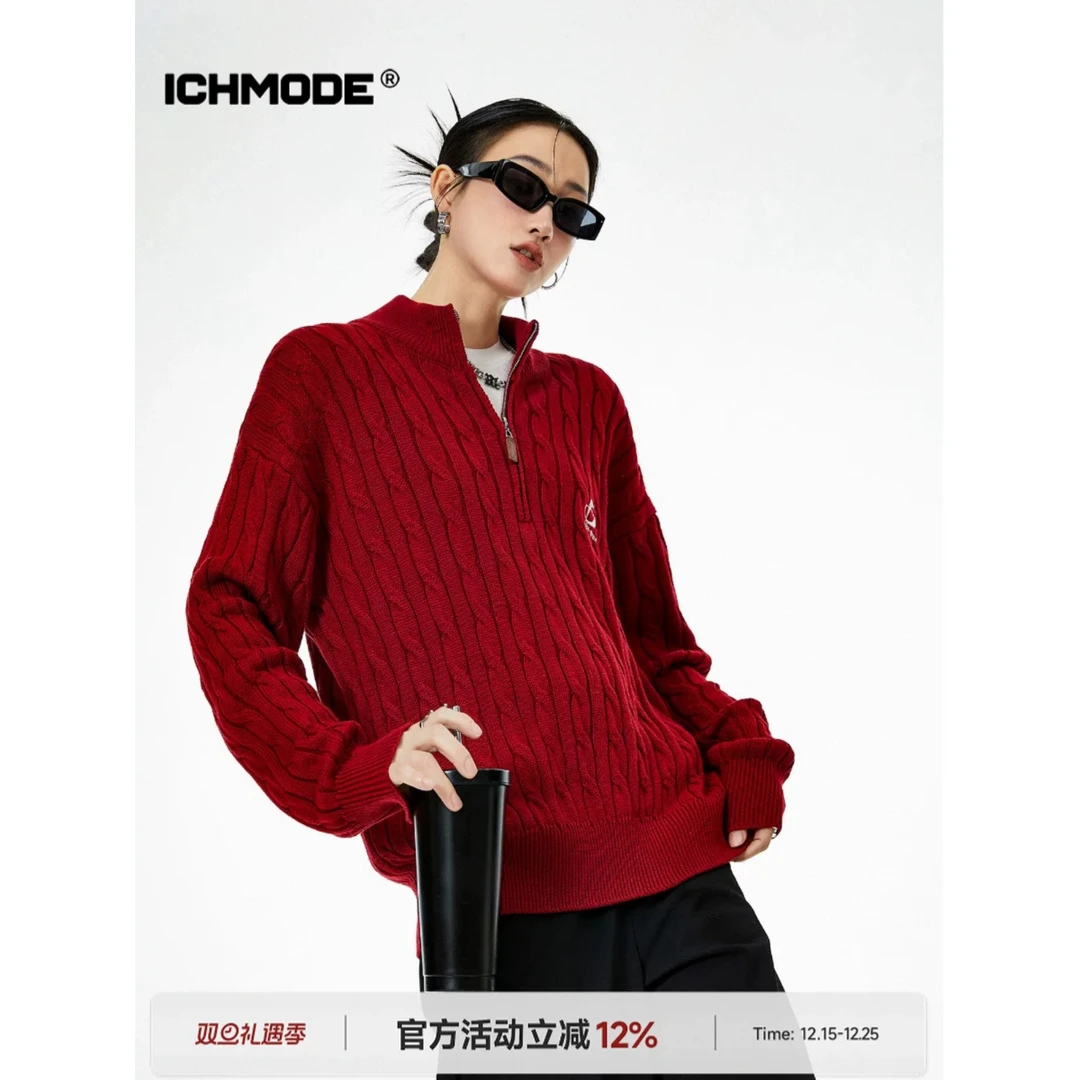 美式半拉链POLO衫毛衣女冬季慵懒套头红色针织外套新 W6168