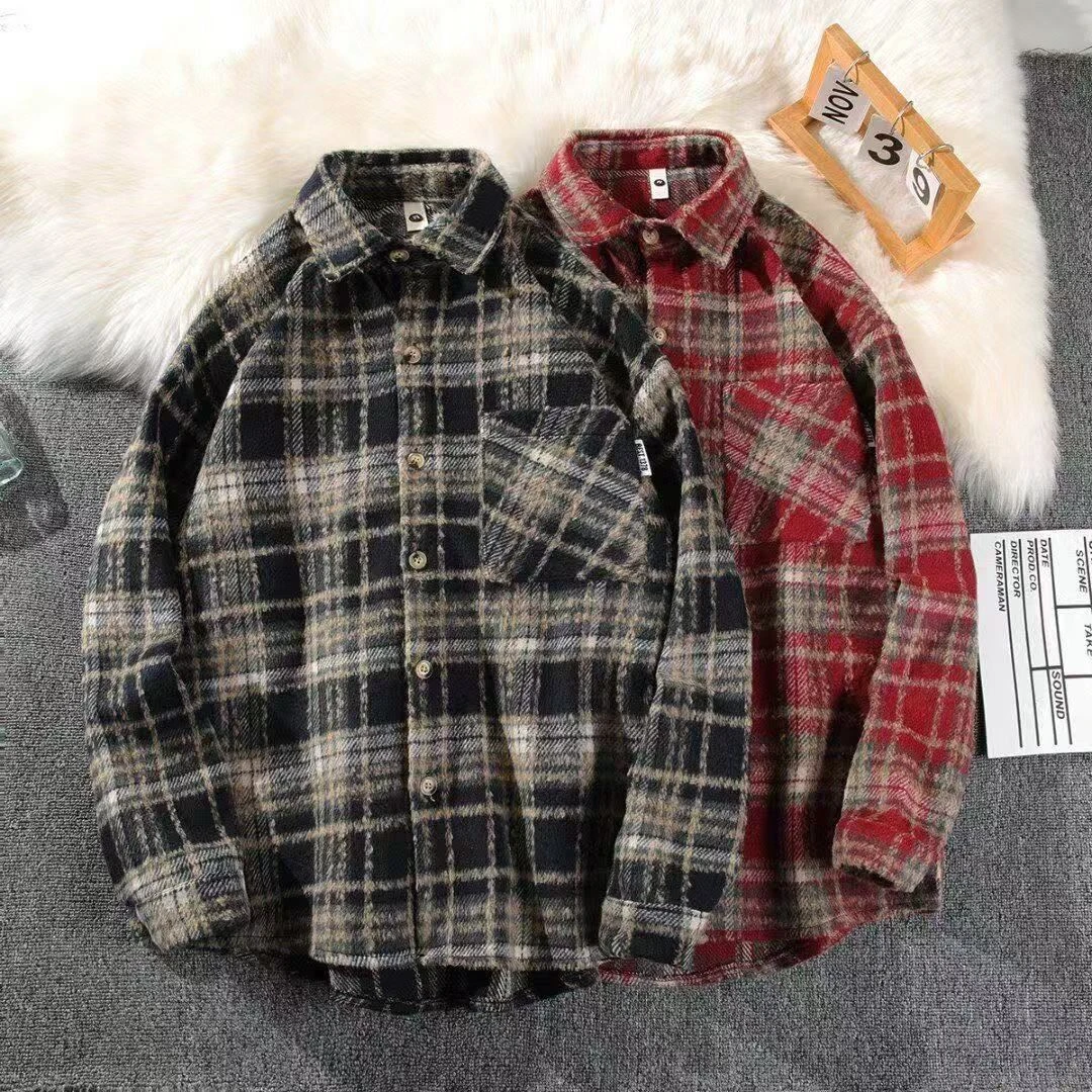 美式春秋宽松高级感潮休闲长袖外穿毛呢加厚格子衬衫男女同款外套