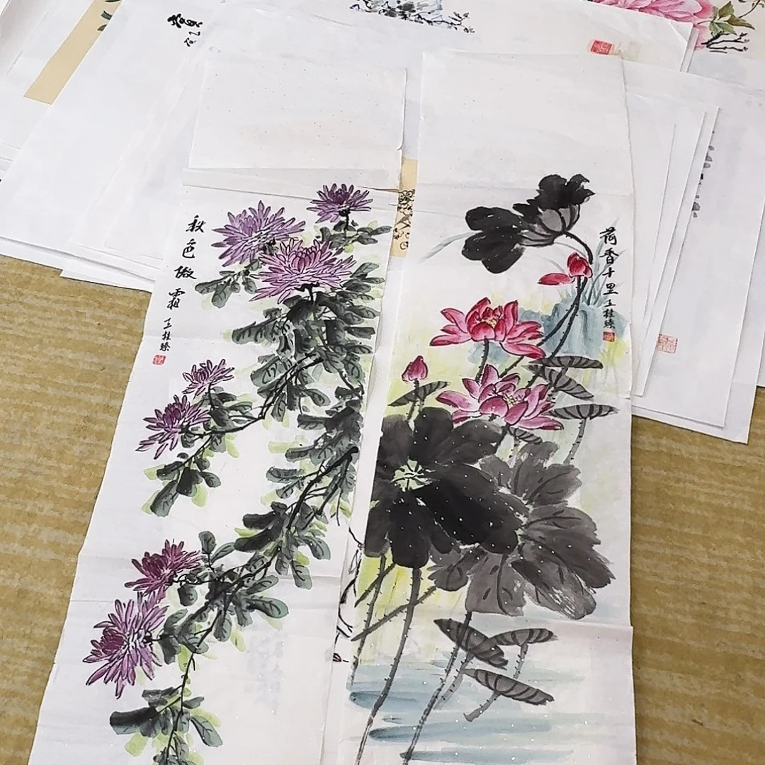 国画两张四尺条菊花荷花