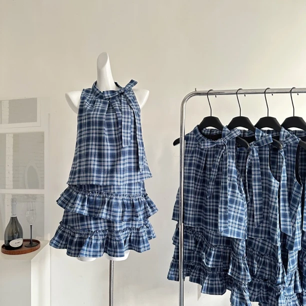 ANNATTO 不眠海 夏季蓝色格纹宽松显瘦无袖荷叶边蛋糕连衣裙女