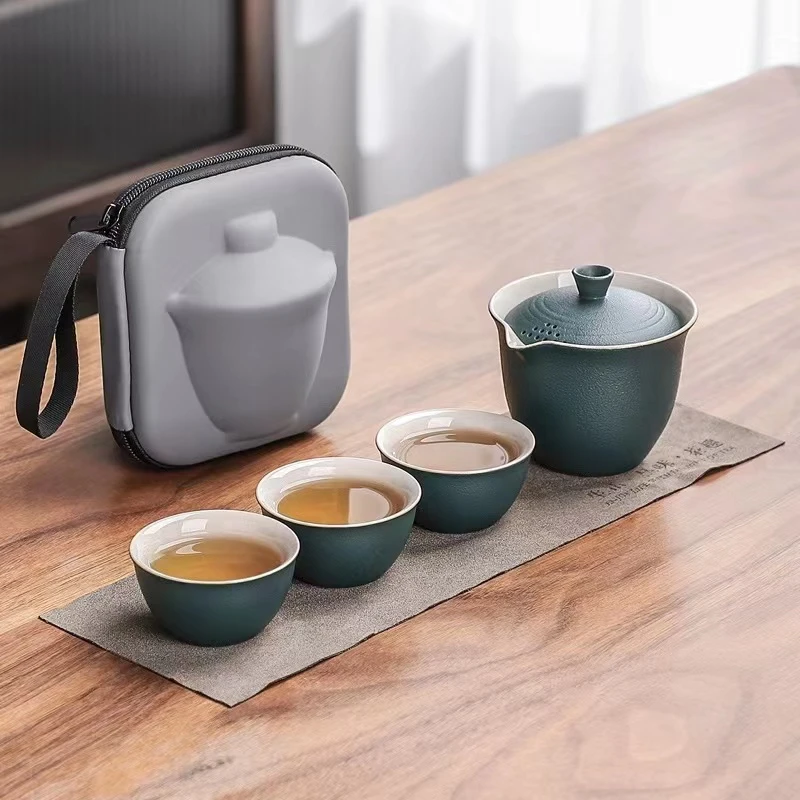 孔雀绿一壶带三杯旅行好物便携式户外露营旅行茶具 F037