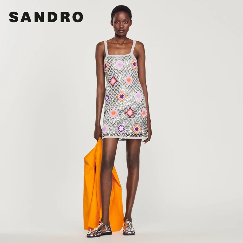 SANDRO春秋新款莫奈花园风银色亮片钩织花吊带连衣裙SFPRO03085