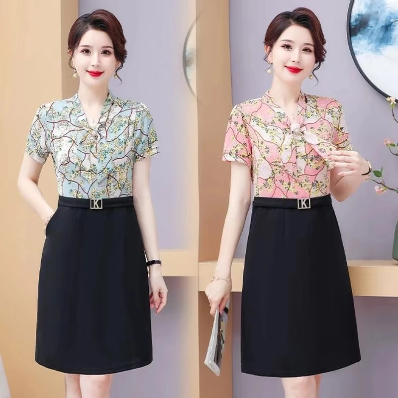 2025年春夏新款经典时尚碎花假两件法式连衣裙职业显瘦气质中长裙