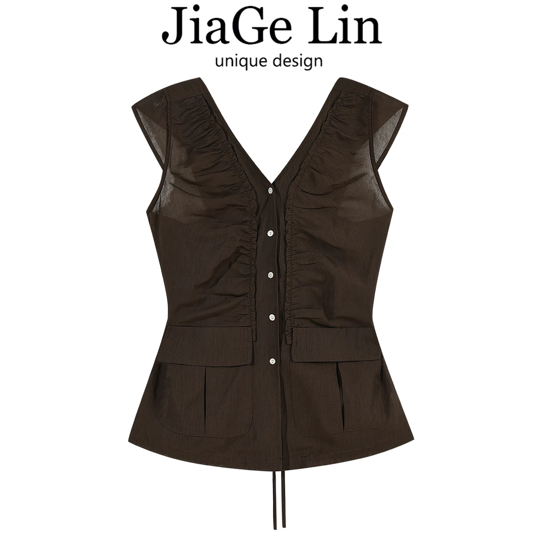JiaGeLin韩系简约设计感褶皱V领无袖衬衫女夏季辣妹收腰显瘦上衣