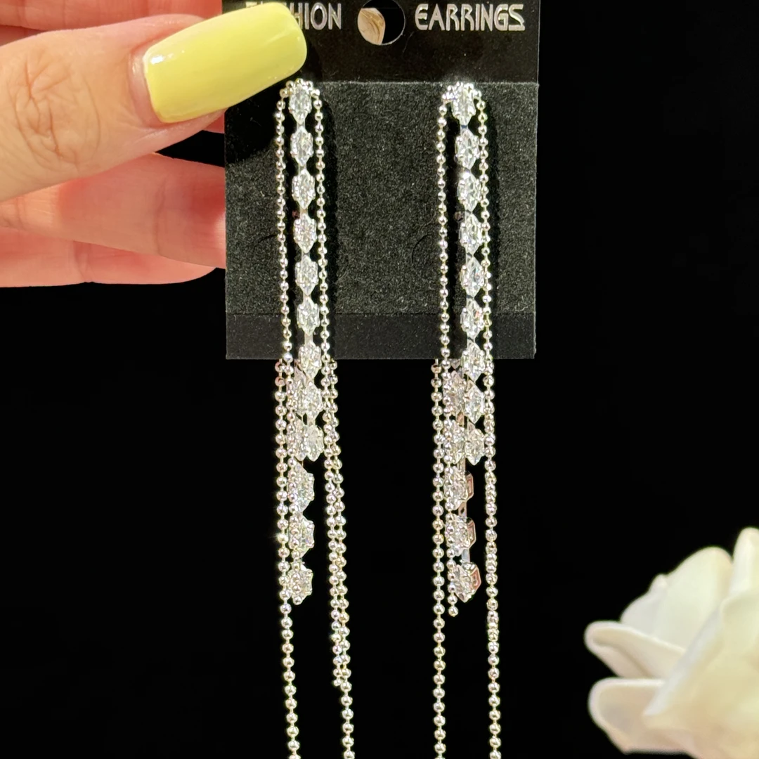 铜合金耳饰 怡萱】小众时尚高级感长款流苏耳环气质两戴超闪耳钉女