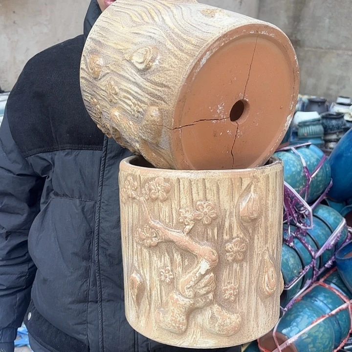 红陶瑕疵树桩烧裂口径20*20