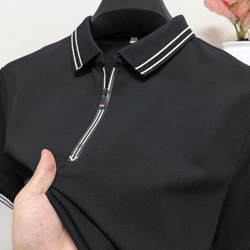 CATIA SELI2025新款丝光纯棉商务休闲纯色翻领拉链男士POLO衫透气
