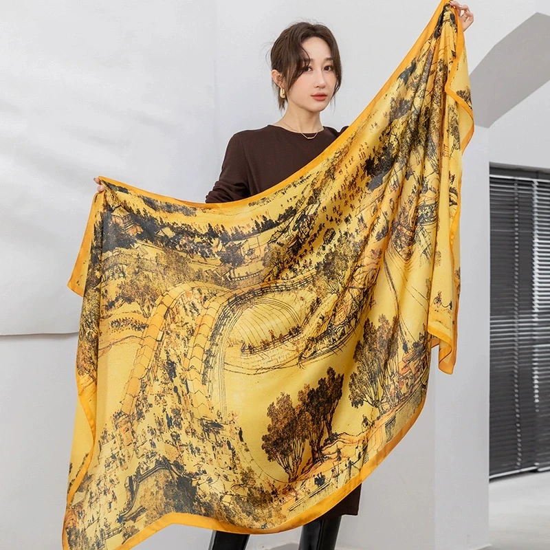 35 丽景缎90x180左右黄色清明上河图丝巾长巾