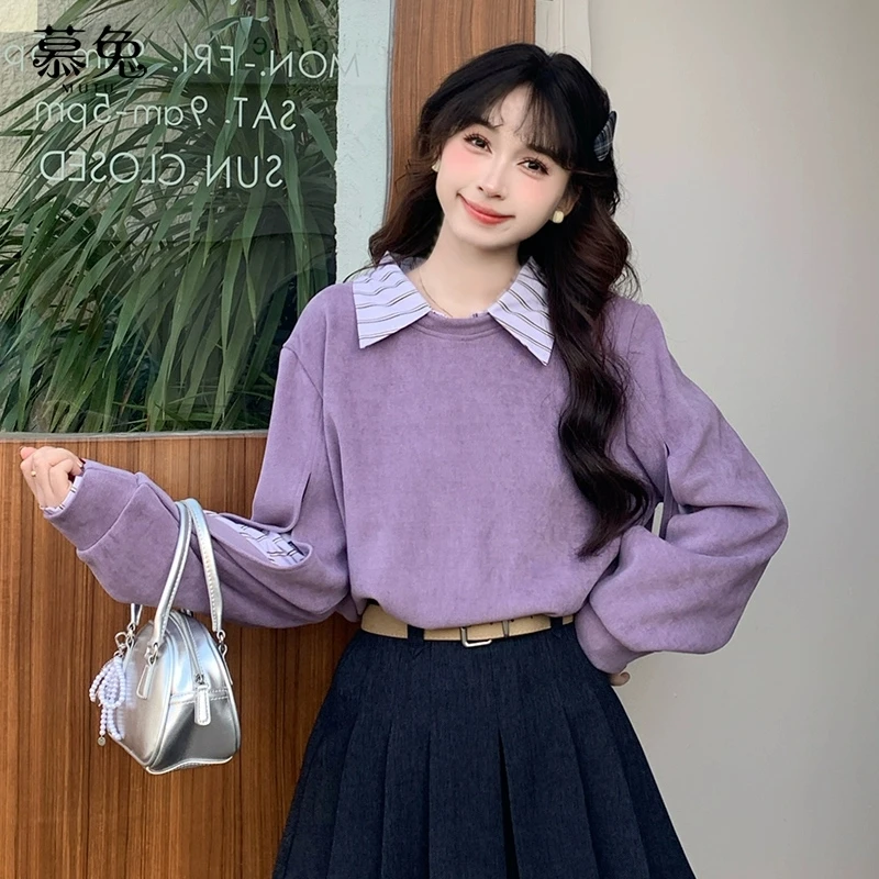 慕兔高级感拼接假两件卫衣女2025新款小个子宽松显瘦休闲上衣