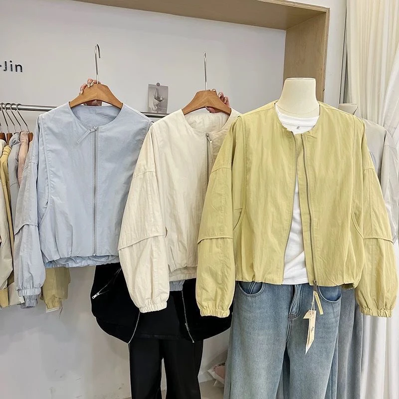 韩版极简纯色小个子棒球服外套女2025春新款百搭圆领薄款休闲上衣