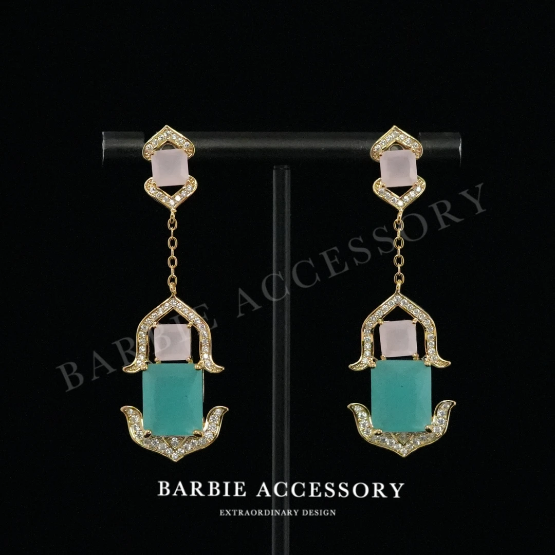 铜合金合成锆石耳饰 【蓝粉透星】法式中古轻奢设计款高级感耳环